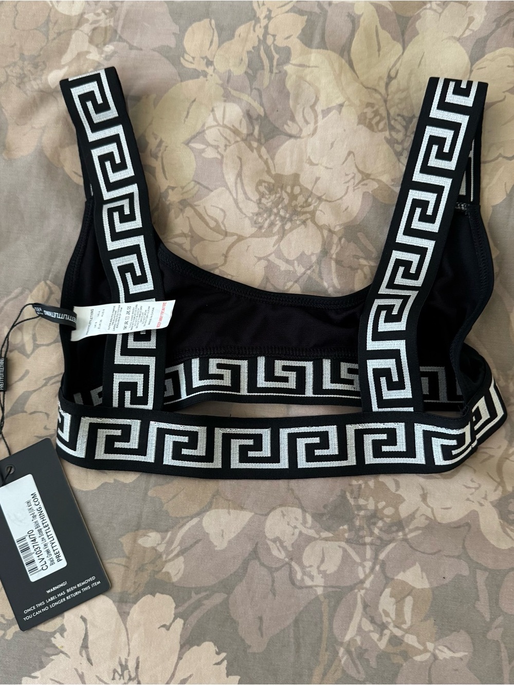 Bikini Top by PrettyLittleThing Black Greek Key Low Scoop USA 4/ UK 8 NWT